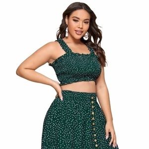 SHEIN Green Polka Dot Smocked Ruffled Crop Top